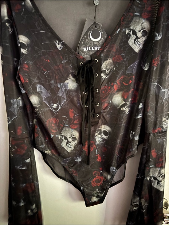 Killstar Tops - Killstar Black & Red Skull Rose Lace-Up Mesh Bodysuit